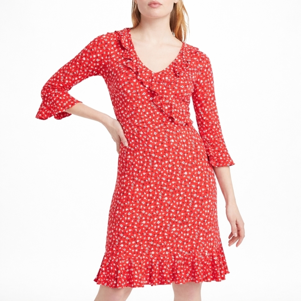 Boden Michaela Jersey Ruffle 3/4 Sleeve Dress in Rosehip Daisy Ditsy US Size 8 - Picture 9 of 13